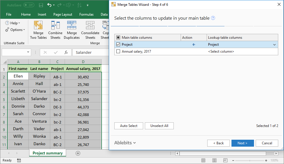 Select the columns to update in the main table.