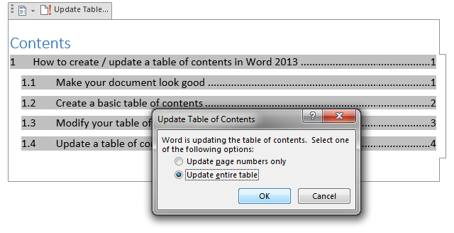 Open the Update Table of Contents dialog box to choose what to update.