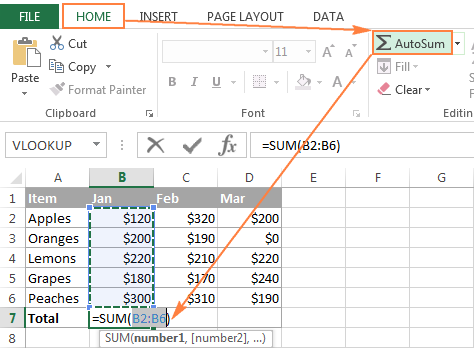 Click the AutoSum button on either the Home or Formulas tab.