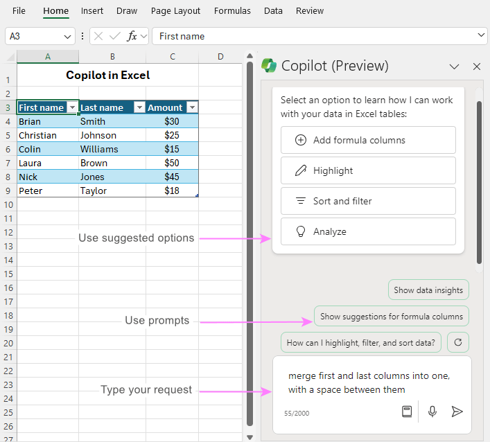 Use the options suggested by Copilot or type your request.