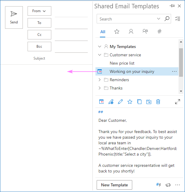 Inserting a template with a drop-down list not a message