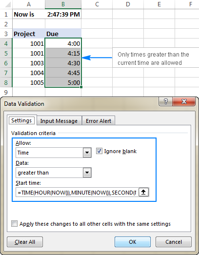 Validating times based on current time