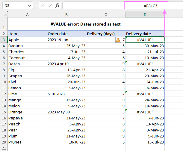 the #VALUE! error is caused by dates stored as text.