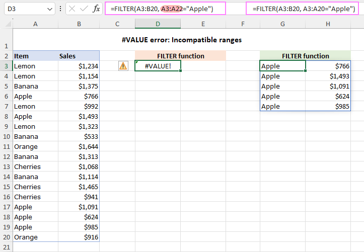 The Excel FILTER function raises the #VALUE error when the referred ranges have incompatible dimensions.