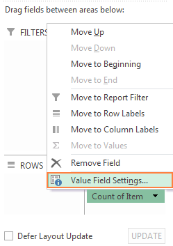 Move the field whose distinct count you want to calculate to the Values area, and select Field Value Settings…