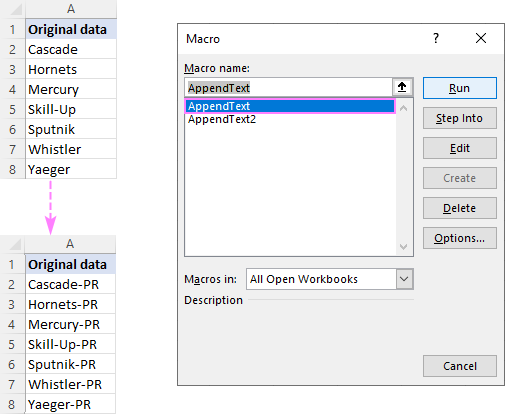 Macro to add text to the end of all selected cells