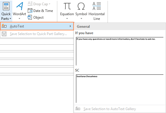 View the existing AutoText entries.