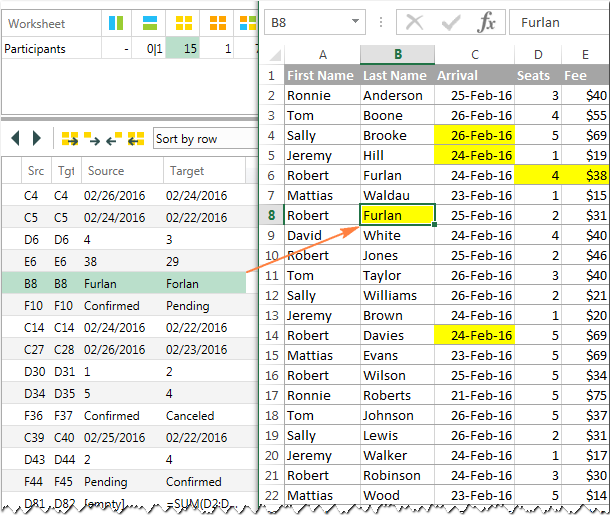 As soon as you click on a difference, you will jump to the corresponding cells on both sheets.