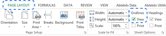 Check the View box under Gridlines on the PAGE LAYOUT tab to display gridlines in Excel