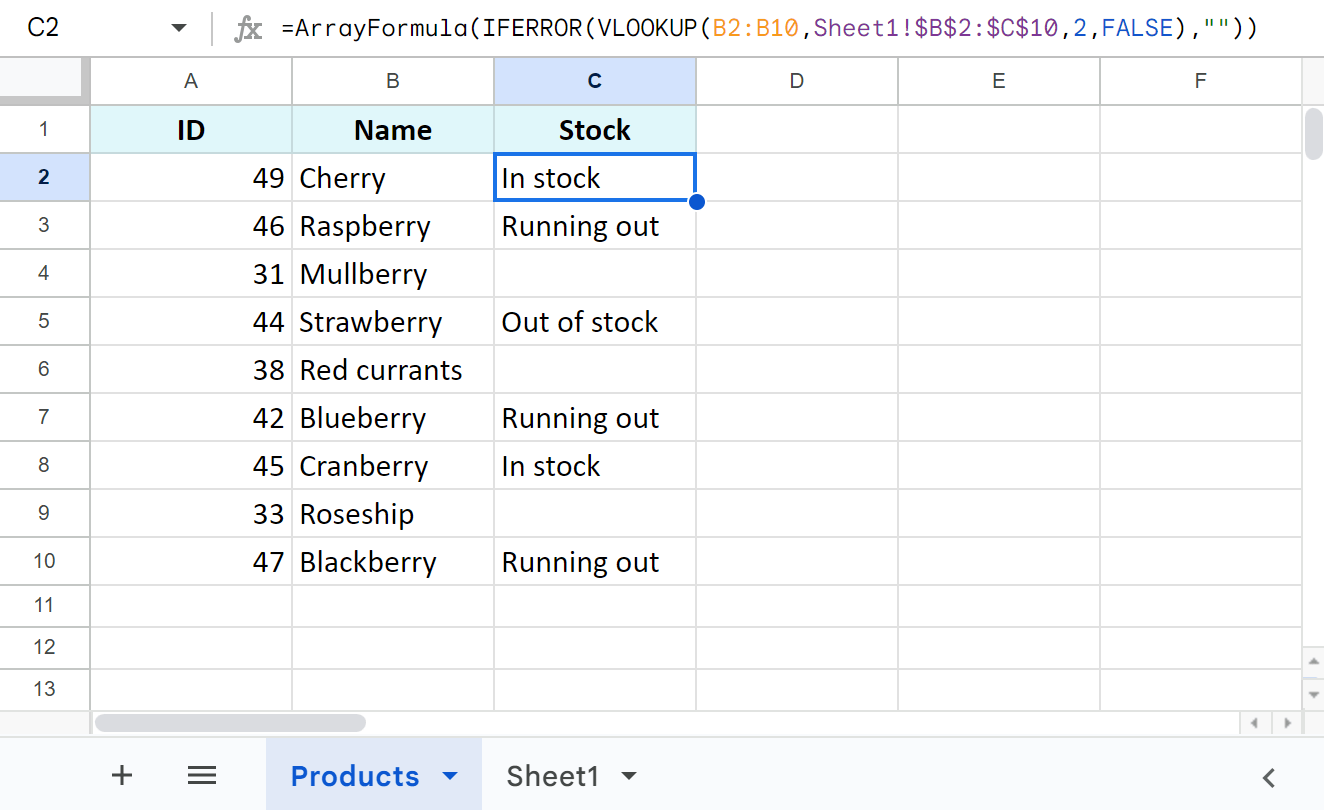 VLOOKUP in the ArrayFormula to get results for all cells in the column.