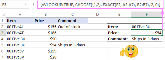 A case-sensitive VLOOKUP formula