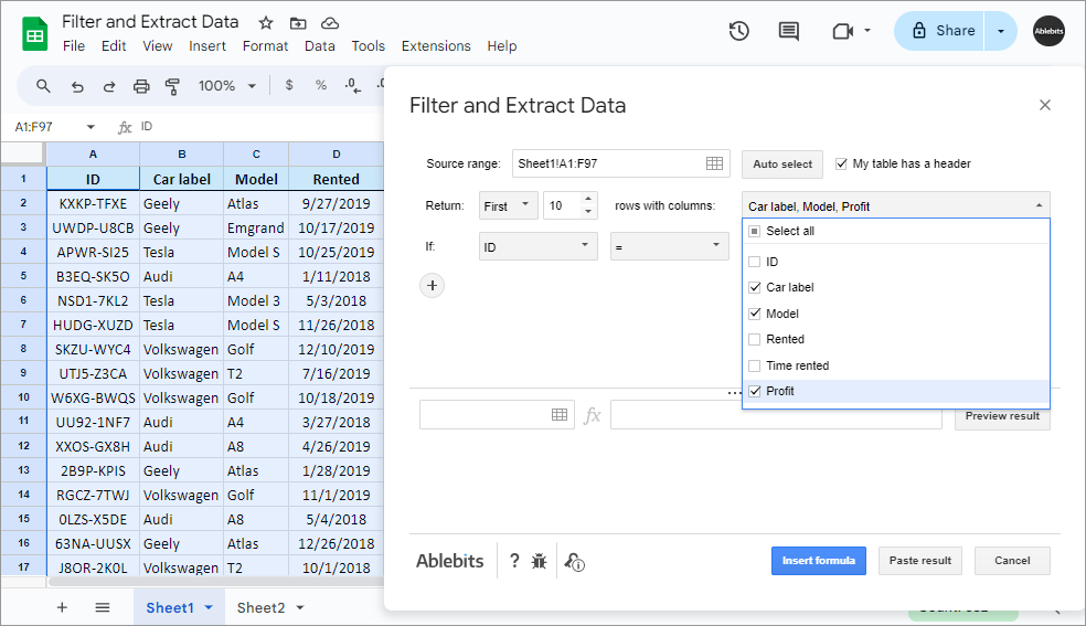 Choose the number of rows and columns to return