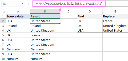 IFNA VLOOKUP formula for mass search and replace