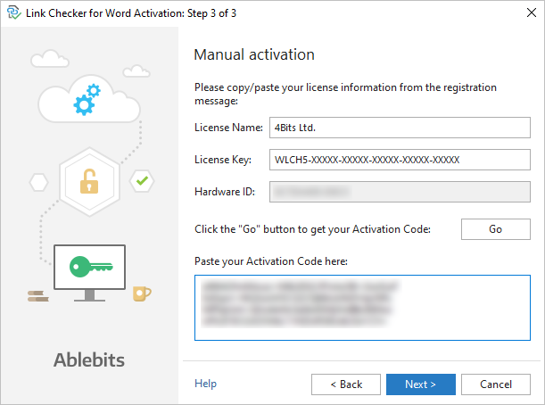 The Link Checker manual activation: pasting the activation code