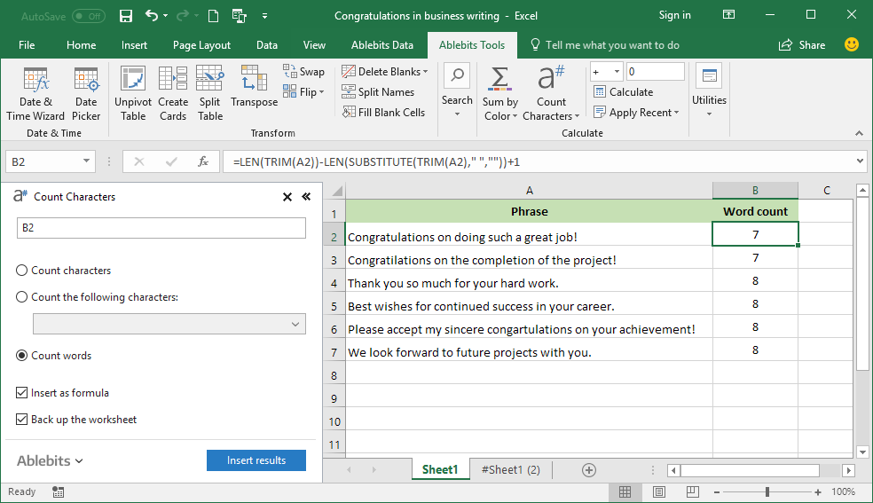 How to count words in Excel and get the result as a formula