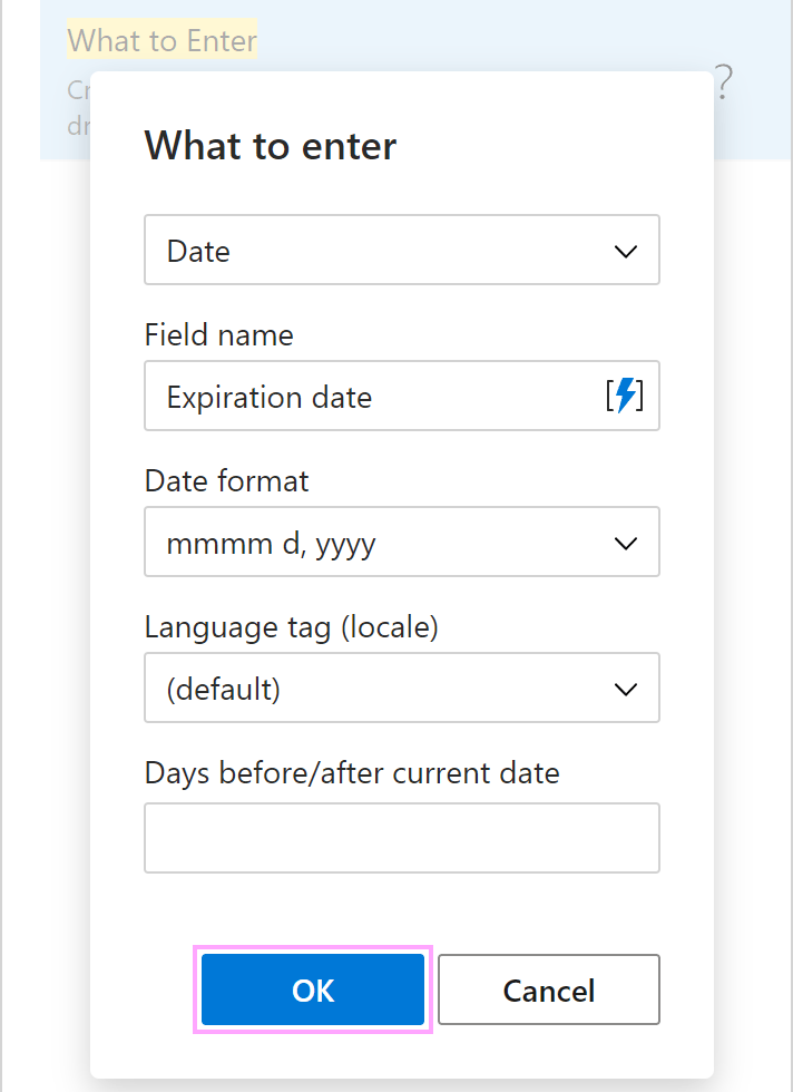 The What to enter dialog