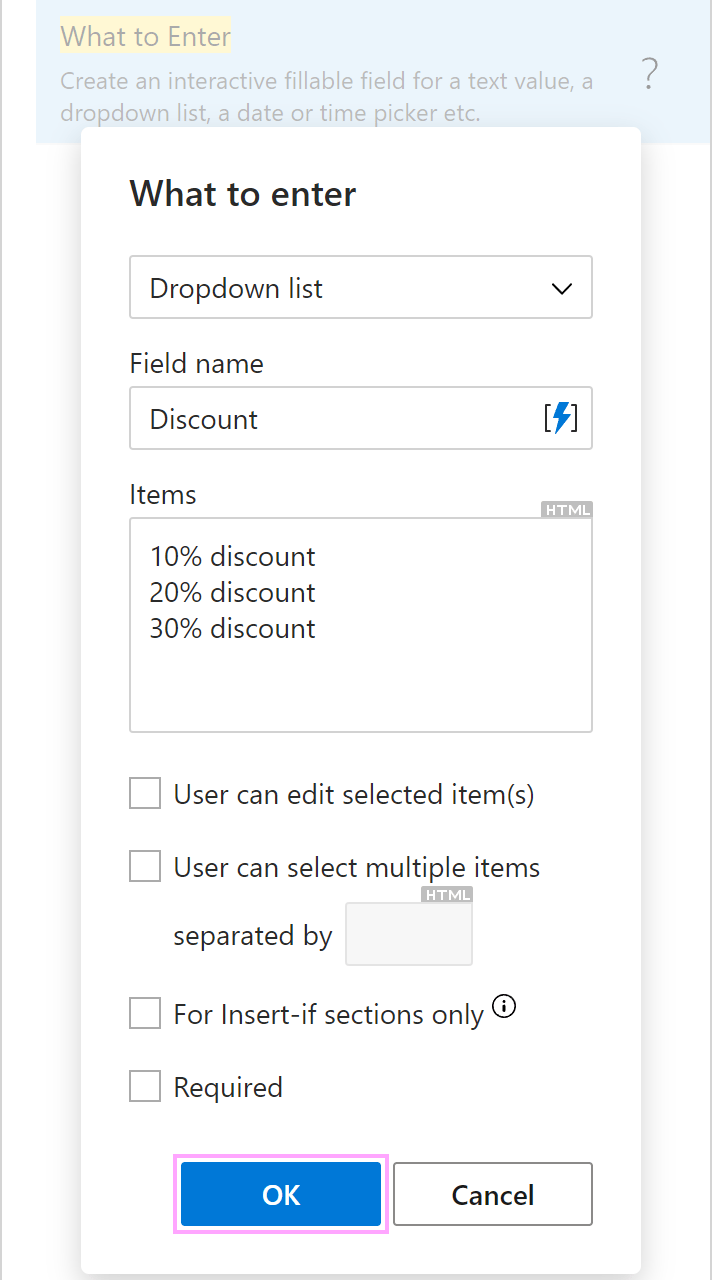 The What to enter dialog