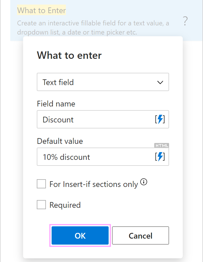 The What to enter dialog