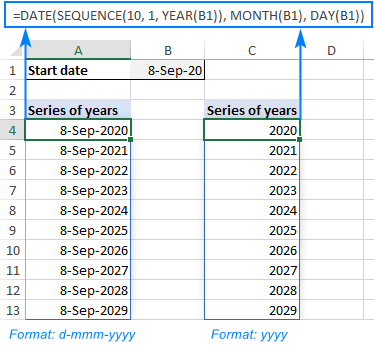 A formula to output a year sequence in Excel