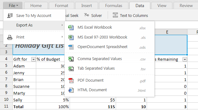 An Excel table in the Zoho Sheet online viewer